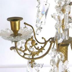 M074 Pair Antique French Brass And Cut Crystal Glass Hanging Candelabra
