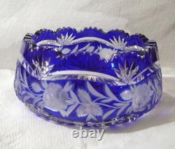 MINTY Large 8 1/4 Vintage HEAVY LEAD CRYSTAL CUT GLASS Cobalt Blue Clear BOWL