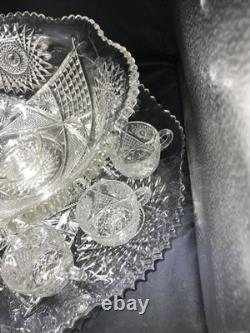 MINT Boxed 15pc Imperial Whirling Star Lead Crystal Punch Set UV Manganese