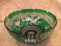 Magda Nemeth Afa Barnyard Rooster Hens Bowl Emerald Green Cut To Clear Crystal