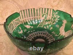 Magda Nemeth Afa Barnyard Rooster Hens Bowl Emerald Green Cut To Clear Crystal