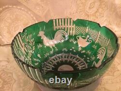 Magda Nemeth Afa Barnyard Rooster Hens Bowl Emerald Green Cut To Clear Crystal