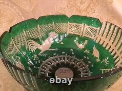 Magda Nemeth Afa Barnyard Rooster Hens Bowl Emerald Green Cut To Clear Crystal