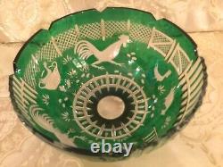 Magda Nemeth Afa Barnyard Rooster Hens Bowl Emerald Green Cut To Clear Crystal