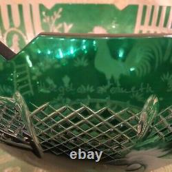 Magda Nemeth Afa Barnyard Rooster Hens Bowl Emerald Green Cut To Clear Crystal