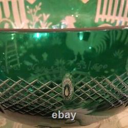 Magda Nemeth Afa Barnyard Rooster Hens Bowl Emerald Green Cut To Clear Crystal