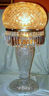 Magnificent Antique Huge Cut Glass Crystal Mushroom Shade Lamp with Prisms