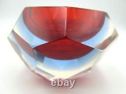 Mandruzzato geometric Murano facet cut red blue pink + UV green Sommerso bowl