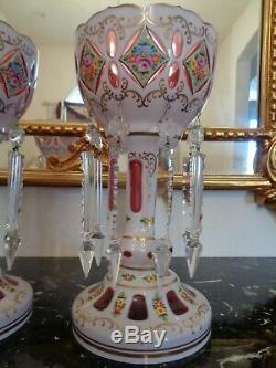 Mantel Lusters White Cut To Cranberry Bohemia Czechoslovakia Mrk 16crystal Prism