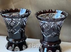 Matched Set Czech Crystal Glass Cut to Clear Vases 5.5 T Ruby Red Vintage
