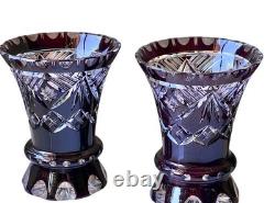 Matched Set Czech Crystal Glass Cut to Clear Vases 5.5 T Ruby Red Vintage