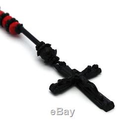 Mens Hip Hop 8mm BLACK & RED Crystal Cut Rosary Pray Hand & Jesus Cross Necklace