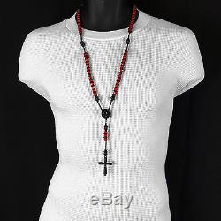 Mens Hip Hop 8mm BLACK & RED Crystal Cut Rosary Pray Hand & Jesus Cross Necklace