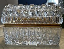 Mid-Century French Diamond Cut Crystal Casket Jewelry Box Gold Hinged Closure