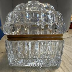 Mid-Century French Diamond Cut Crystal Casket Jewelry Box Gold Hinged Closure
