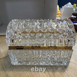 Mid-Century French Diamond Cut Crystal Casket Jewelry Box Gold Hinged Closure