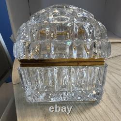 Mid-Century French Diamond Cut Crystal Casket Jewelry Box Gold Hinged Closure