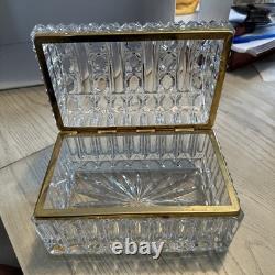 Mid-Century French Diamond Cut Crystal Casket Jewelry Box Gold Hinged Closure