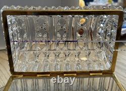Mid-Century French Diamond Cut Crystal Casket Jewelry Box Gold Hinged Closure