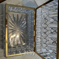 Mid-Century French Diamond Cut Crystal Casket Jewelry Box Gold Hinged Closure