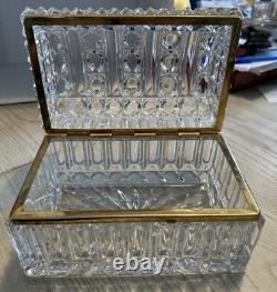 Mid-Century French Diamond Cut Crystal Casket Jewelry Box Gold Hinged Closure