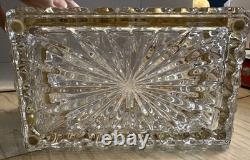 Mid-Century French Diamond Cut Crystal Casket Jewelry Box Gold Hinged Closure