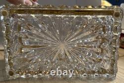 Mid-Century French Diamond Cut Crystal Casket Jewelry Box Gold Hinged Closure