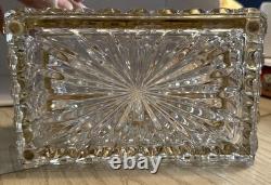 Mid-Century French Diamond Cut Crystal Casket Jewelry Box Gold Hinged Closure