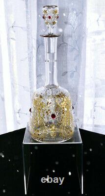 Moser Antique Decanter Gold Intaglio Cut Crystal Applied Red Glass Gems RARE