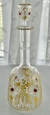 Moser Antique Decanter Gold Intaglio Cut Crystal Applied Red Glass Gems RARE