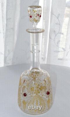 Moser Antique Decanter Gold Intaglio Cut Crystal Applied Red Glass Gems RARE