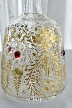 Moser Antique Decanter Gold Intaglio Cut Crystal Applied Red Glass Gems RARE