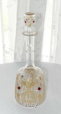 Moser Antique Decanter Gold Intaglio Cut Crystal Applied Red Glass Gems RARE