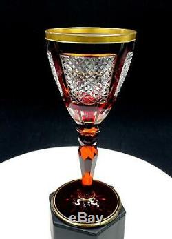 Moser Bohemian Czech Crystal Amber & Red Cut To Clear Diamond Design 8 Goblet