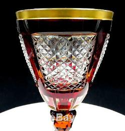 Moser Bohemian Czech Crystal Amber & Red Cut To Clear Diamond Design 8 Goblet