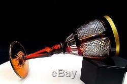 Moser Bohemian Czech Crystal Amber & Red Cut To Clear Diamond Design 8 Goblet