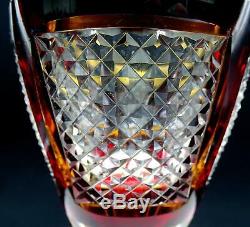 Moser Bohemian Czech Crystal Amber & Red Cut To Clear Diamond Design 8 Goblet