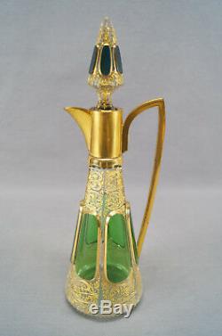 Moser Green Cut to Clear Crystal & Gold Scrollwork Liquor Set Circa 1900 1910