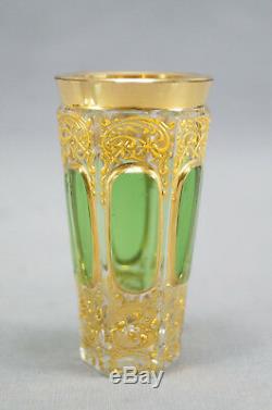 Moser Green Cut to Clear Crystal & Gold Scrollwork Liquor Set Circa 1900 1910