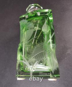 Moser Green Intaglio Cut Crystal Perfume Bottle Signed Art Glass Bohemia