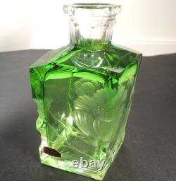 Moser Green Intaglio Cut Crystal Perfume Bottle Signed Art Glass Bohemia
