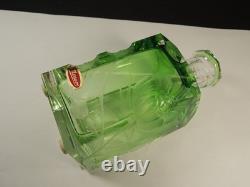 Moser Green Intaglio Cut Crystal Perfume Bottle Signed Art Glass Bohemia