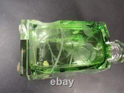 Moser Green Intaglio Cut Crystal Perfume Bottle Signed Art Glass Bohemia