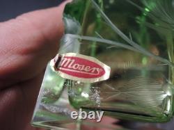 Moser Green Intaglio Cut Crystal Perfume Bottle Signed Art Glass Bohemia