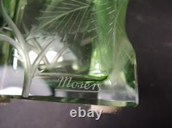 Moser Green Intaglio Cut Crystal Perfume Bottle Signed Art Glass Bohemia