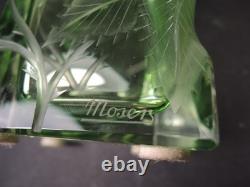 Moser Green Intaglio Cut Crystal Perfume Bottle Signed Art Glass Bohemia