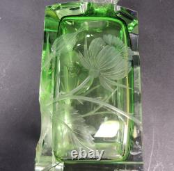 Moser Green Intaglio Cut Crystal Perfume Bottle Signed Art Glass Bohemia
