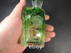 Moser Green Intaglio Cut Crystal Perfume Bottle Signed Art Glass Bohemia