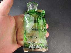 Moser Green Intaglio Cut Crystal Perfume Bottle Signed Art Glass Bohemia