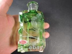 Moser Green Intaglio Cut Crystal Perfume Bottle Signed Art Glass Bohemia